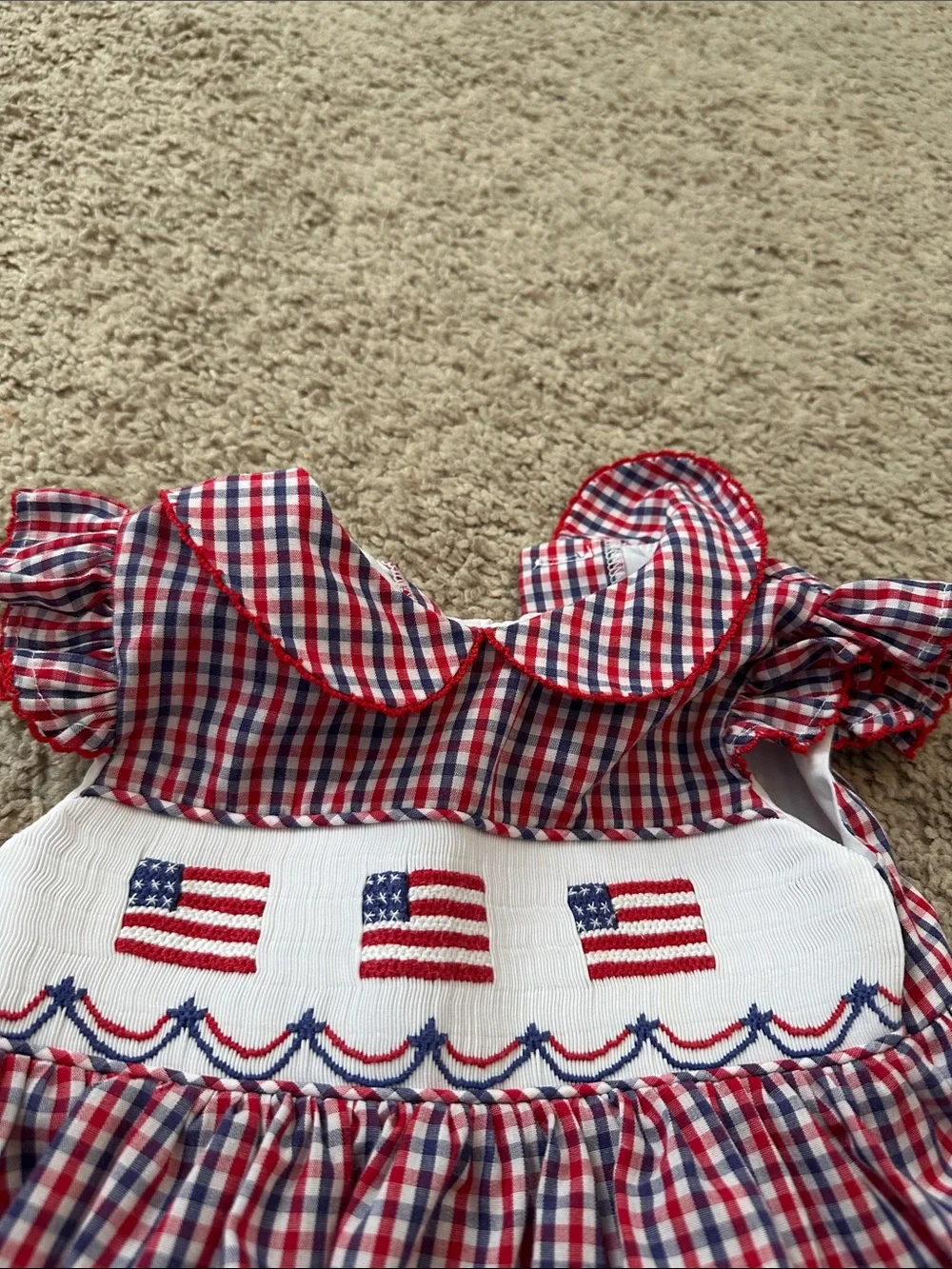 Red, White & Blue Gingham Smocked Baby Dress with smocked American flags